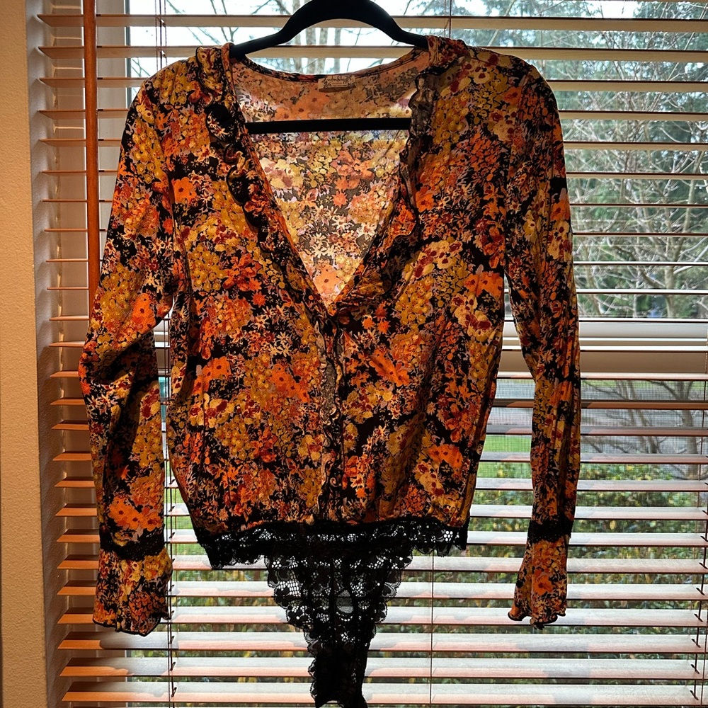 Free People Orange and Brown Long Sleeve V-Neck Bodysuit with Graphic Cut Out